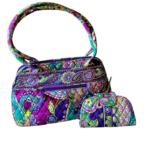 Vera Bradley Bowler Bag with Matching Wallet Set Purple and Green Paisley Print - Picture 2 of 10